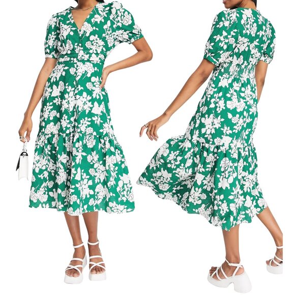 ASOS Urban Revivo Floral Print Midi Dress with Peplum Hem Green Size Large - Picture 1 of 3